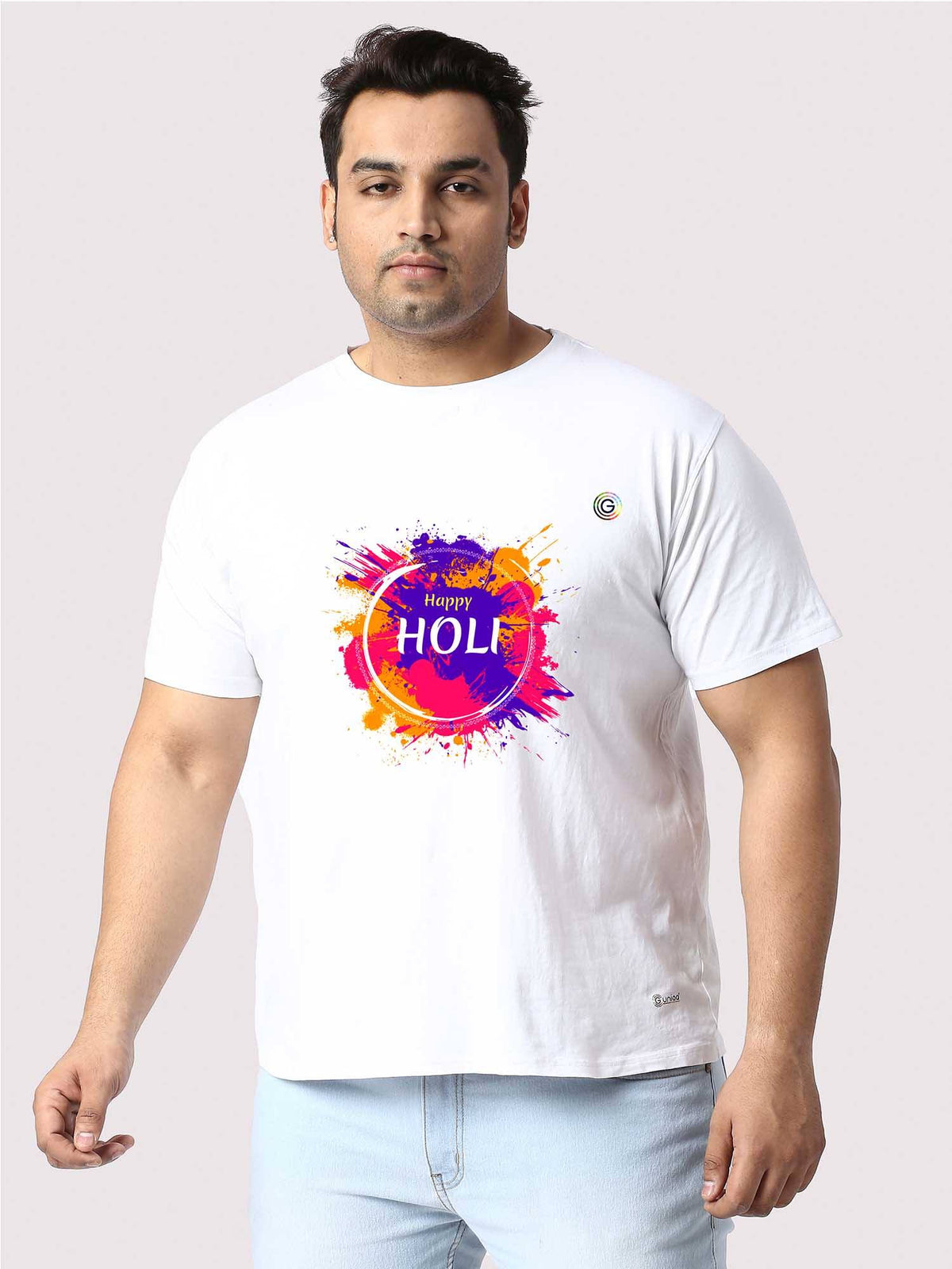 Men Plus Size White Colorful Happy Holi Printed Round Neck T-Shirt - Guniaa Fashions