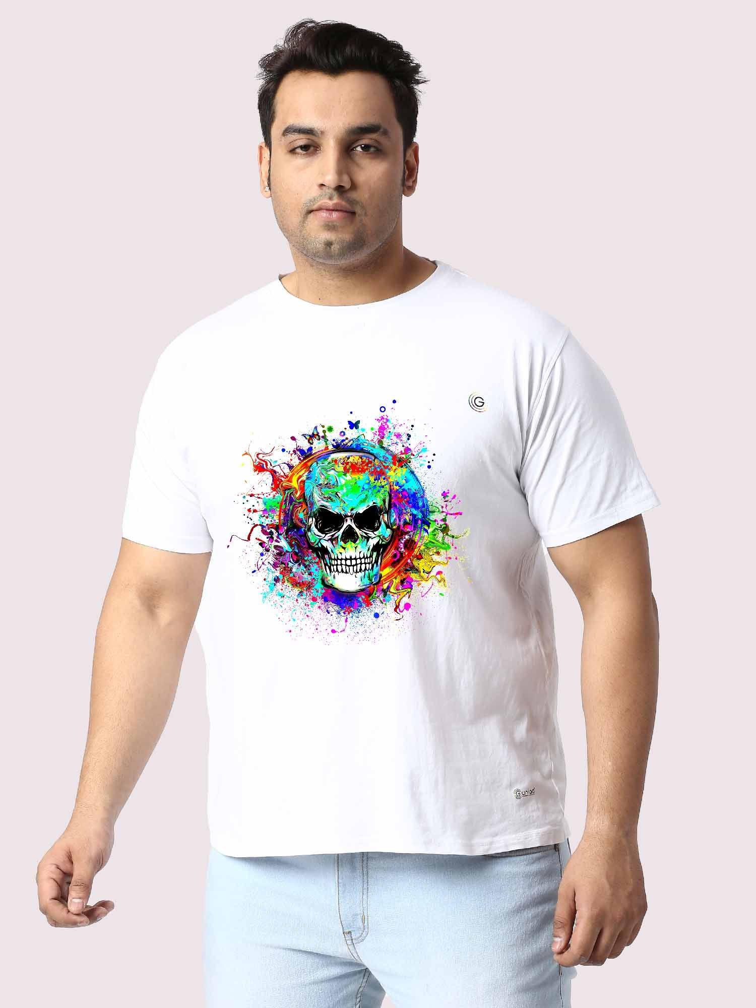 Men Plus Size White Colorful Skull Printed Round Neck T-Shirt - Guniaa Fashions