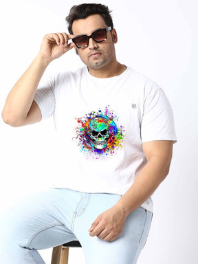 Men Plus Size White Colorful Skull Printed Round Neck T-Shirt - Guniaa Fashions
