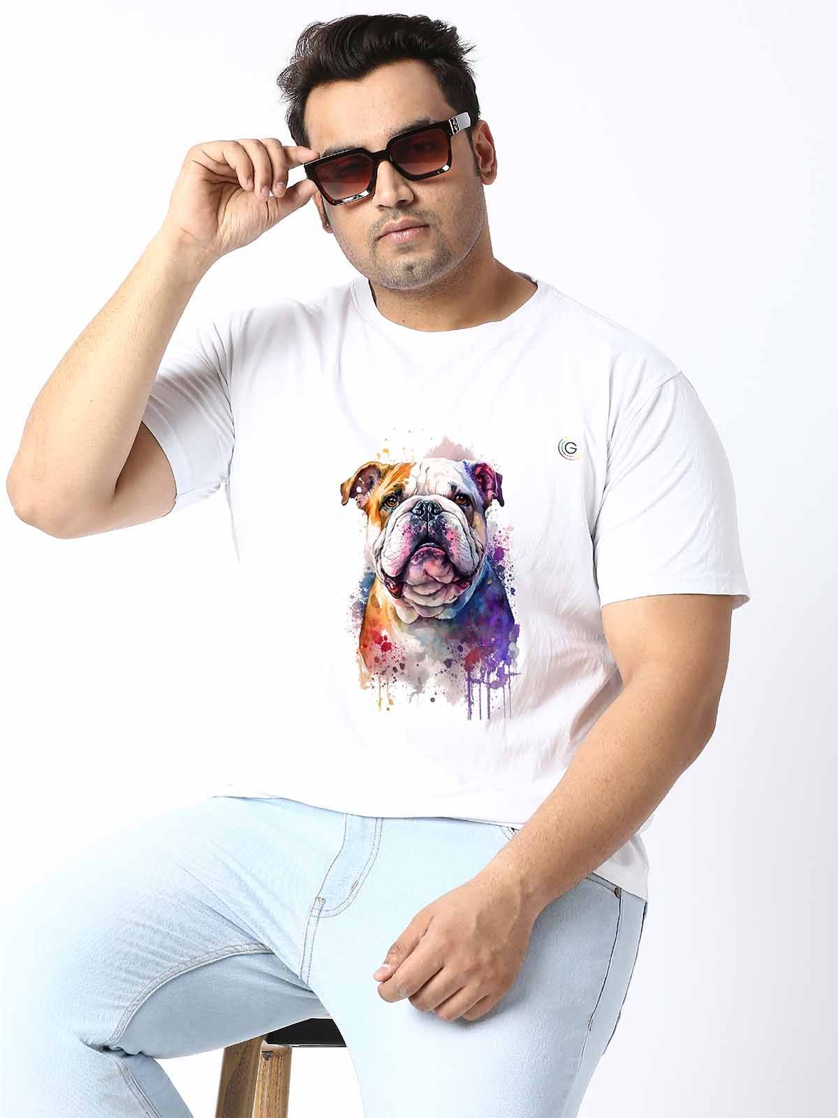 Men Plus Size White Dog Printed Round Neck T-Shirt - Guniaa Fashions