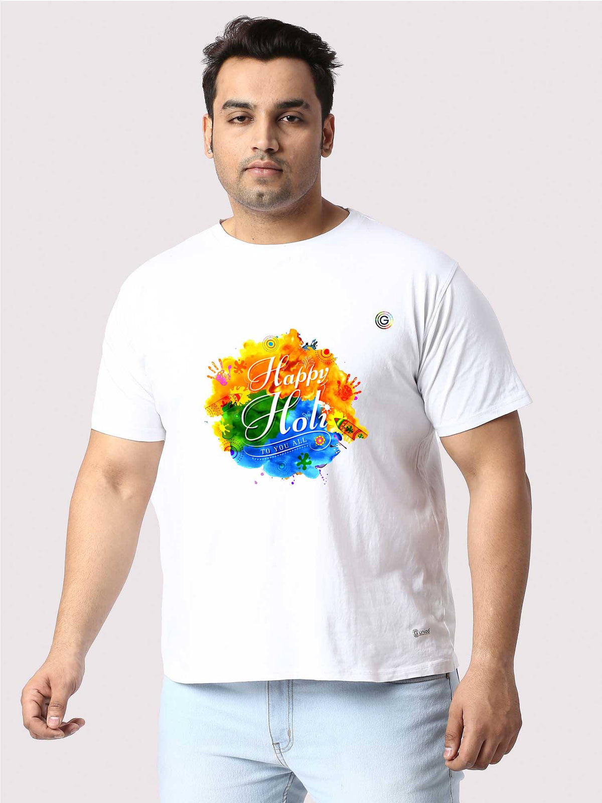 Men Plus Size White Festively Holi Printed Round Neck T-Shirt - Guniaa Fashions