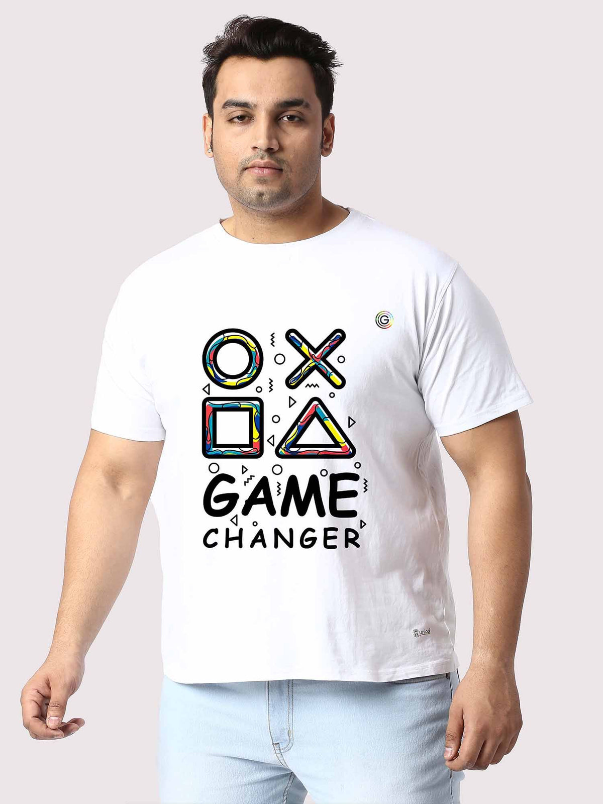 Men Plus Size White Game Changer Printed Round Neck T-Shirt - Guniaa Fashions