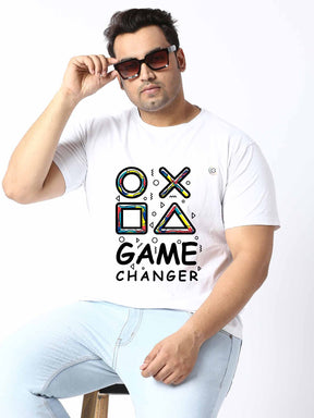 Men Plus Size White Game Changer Printed Round Neck T-Shirt - Guniaa Fashions