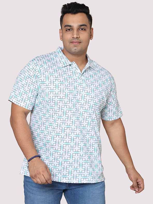 Men Plus Size White Grey Connecting Checks Digital Printed Polo Collar T-shirt - Guniaa Fashions