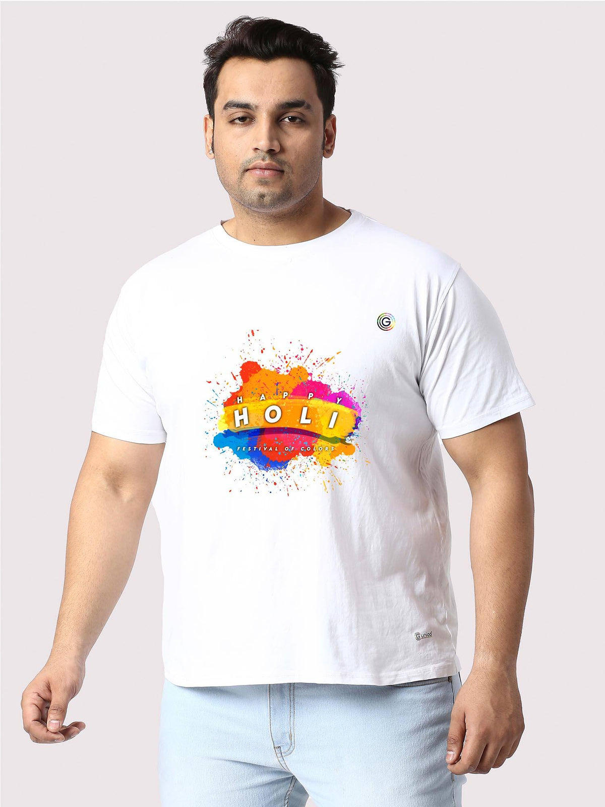 Men Plus Size White Happy Holi Printed Round Neck T-Shirt - Guniaa Fashions