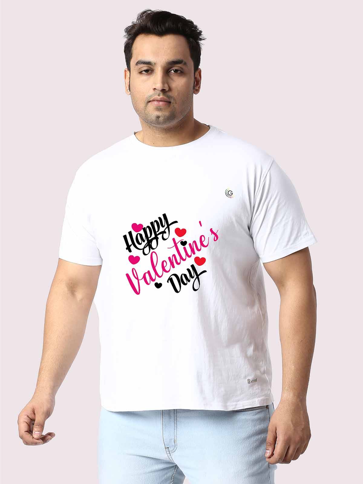 Men Plus Size White Happy Valentine's Day Printed Round Neck T-Shirt - Guniaa Fashions