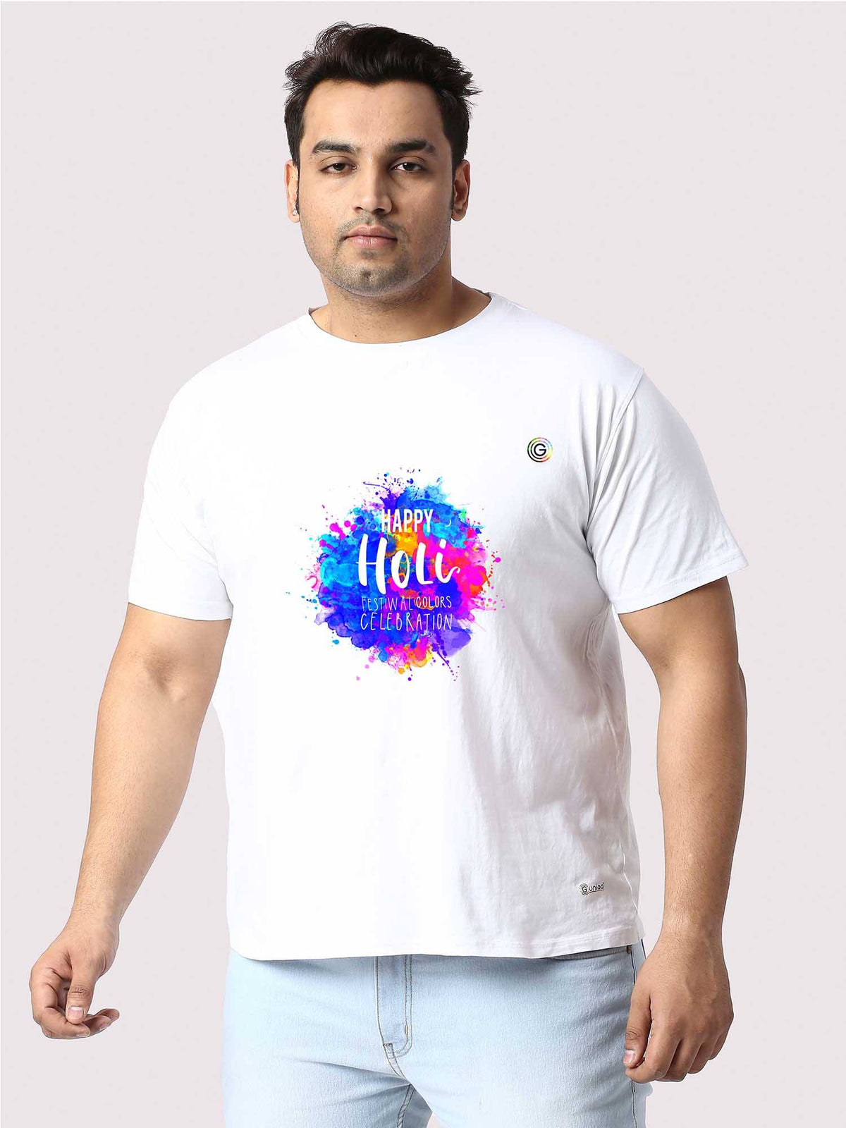 Men Plus Size White Holi Celebration Printed Round Neck T-Shirt - Guniaa Fashions