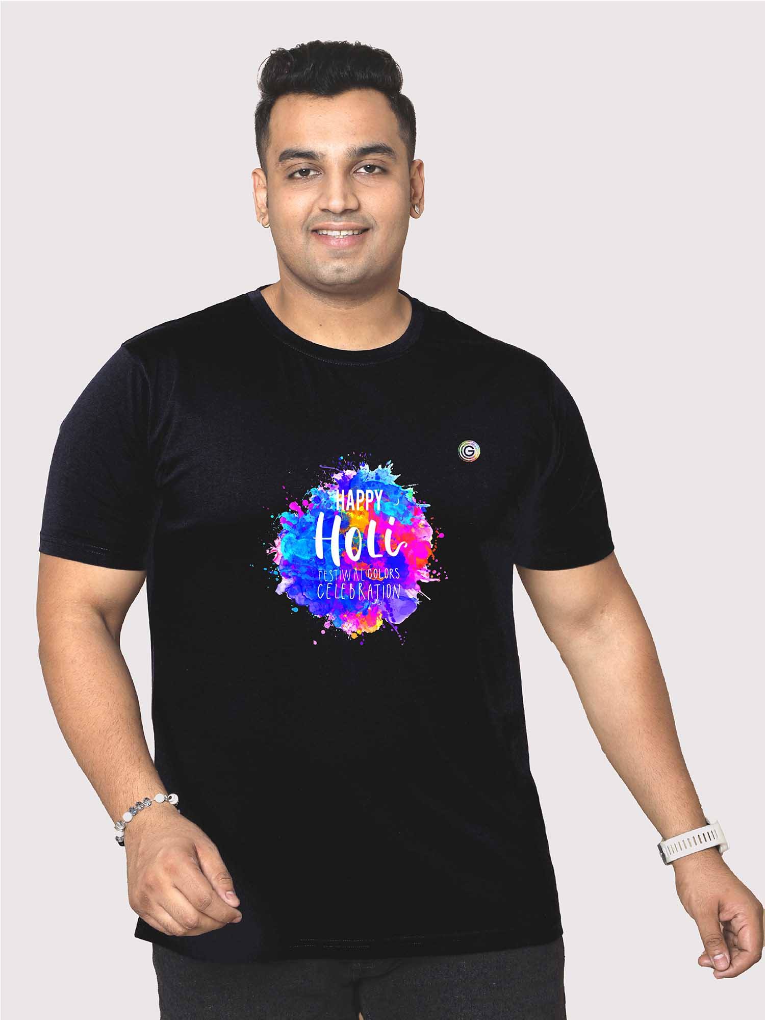 Men Plus Size White Holi Colors Printed Round Neck T-Shirt - Guniaa Fashions