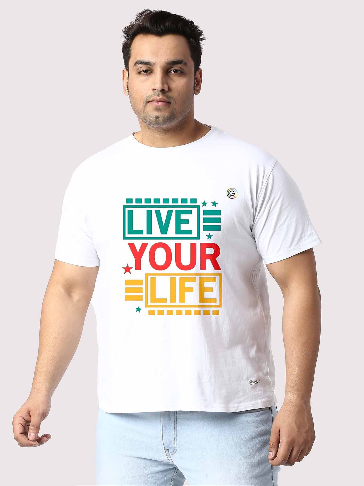 Men Plus Size White Live Your Life Printed Round Neck T-Shirt - Guniaa Fashions