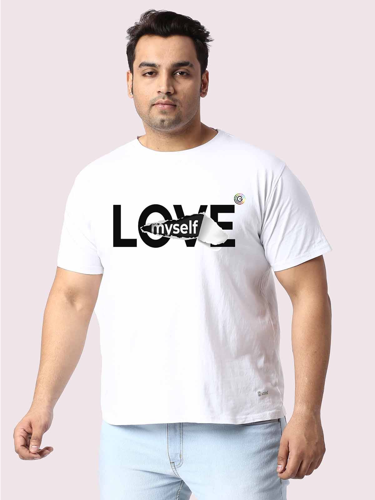 Men Plus Size White Love My Self Printed Round Neck T-Shirt. - Guniaa Fashions