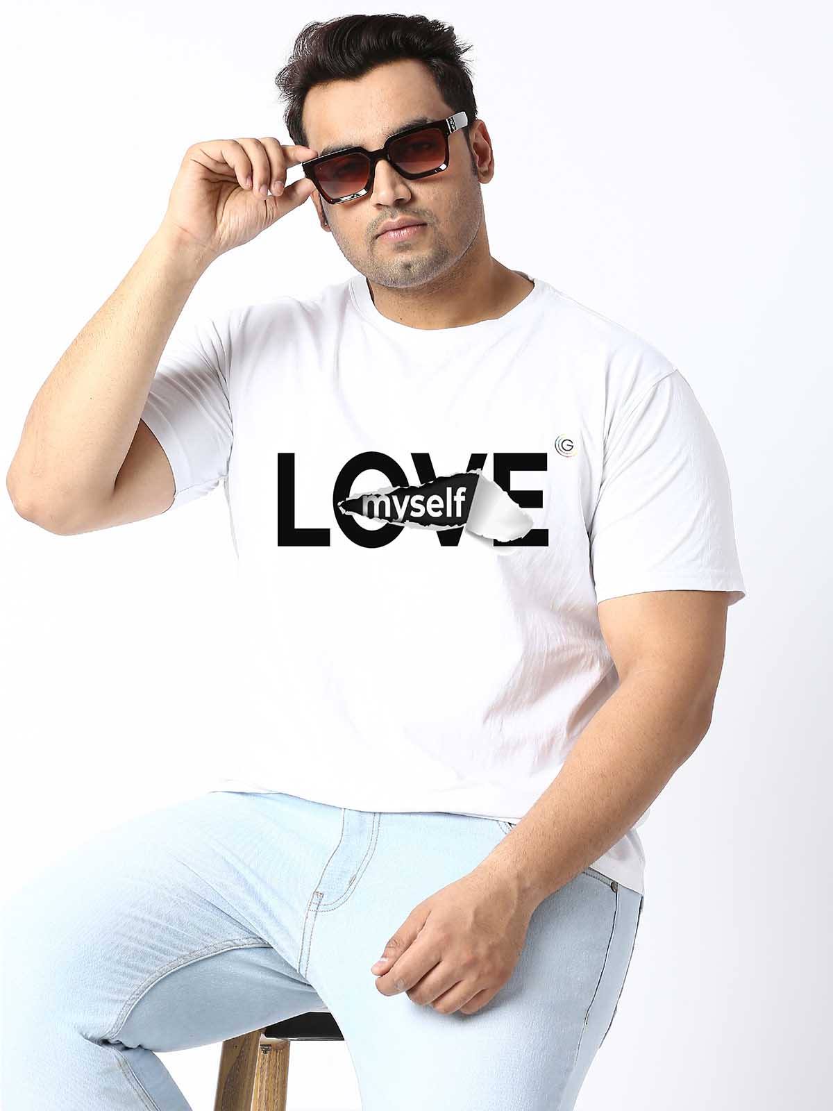 Men Plus Size White Love My Self Printed Round Neck T-Shirt. - Guniaa Fashions