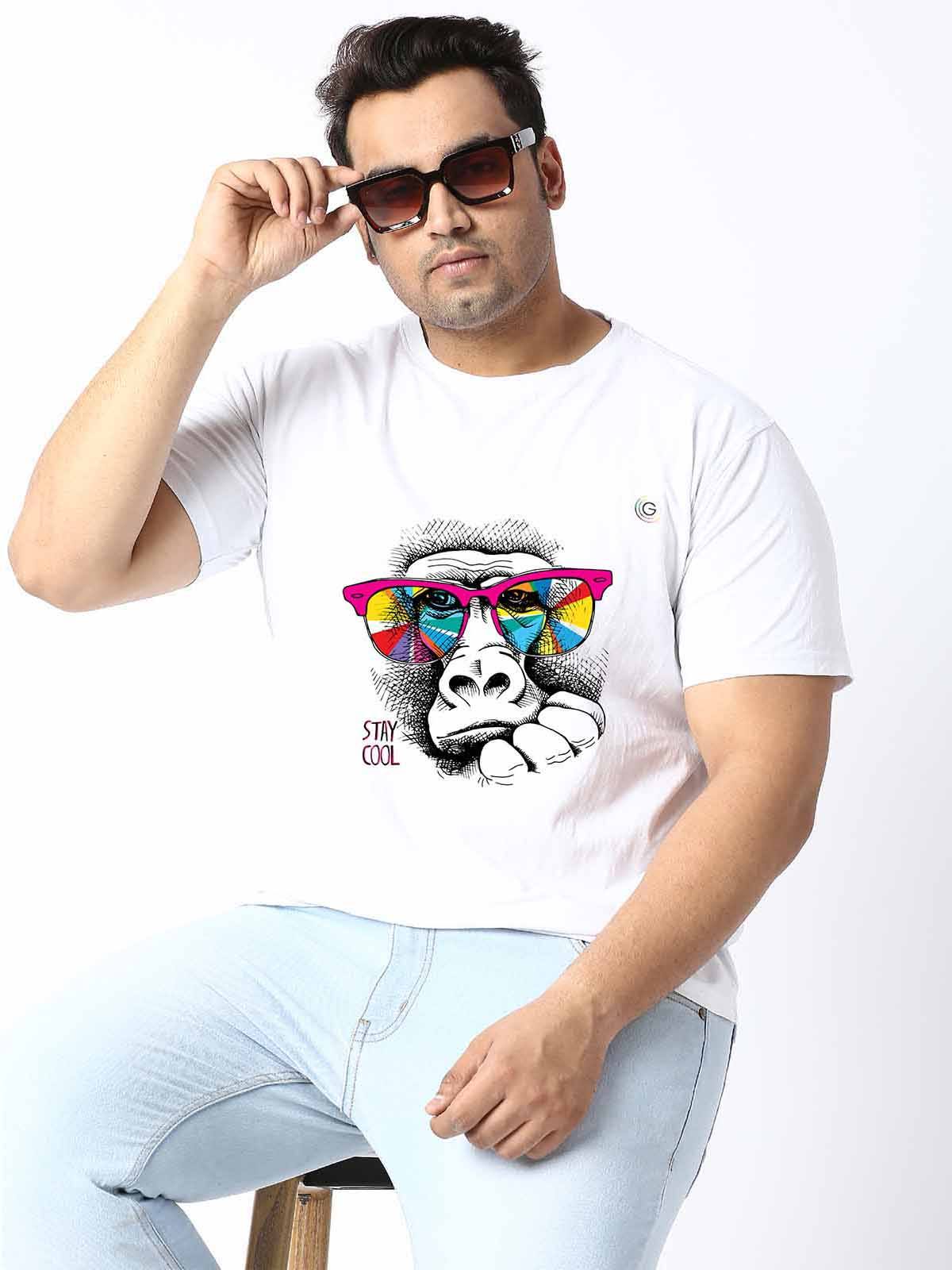 Men Plus Size WhIte Monkey with Goggles Printed Round Neck T-Shirt - Guniaa Fashions