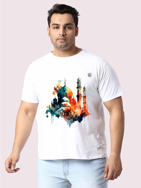 Men Plus Size White Mosque Printed Round Neck T-Shirt - Guniaa Fashions