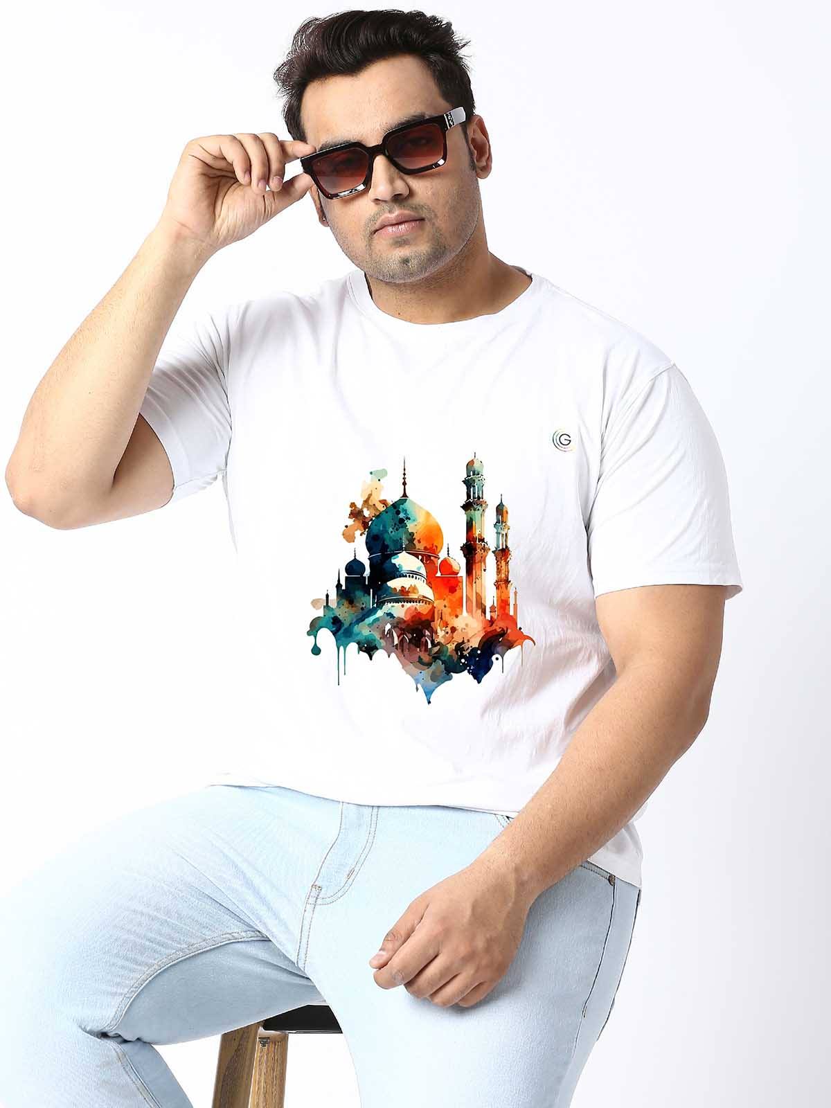 Men Plus Size White Mosque Printed Round Neck T-Shirt - Guniaa Fashions