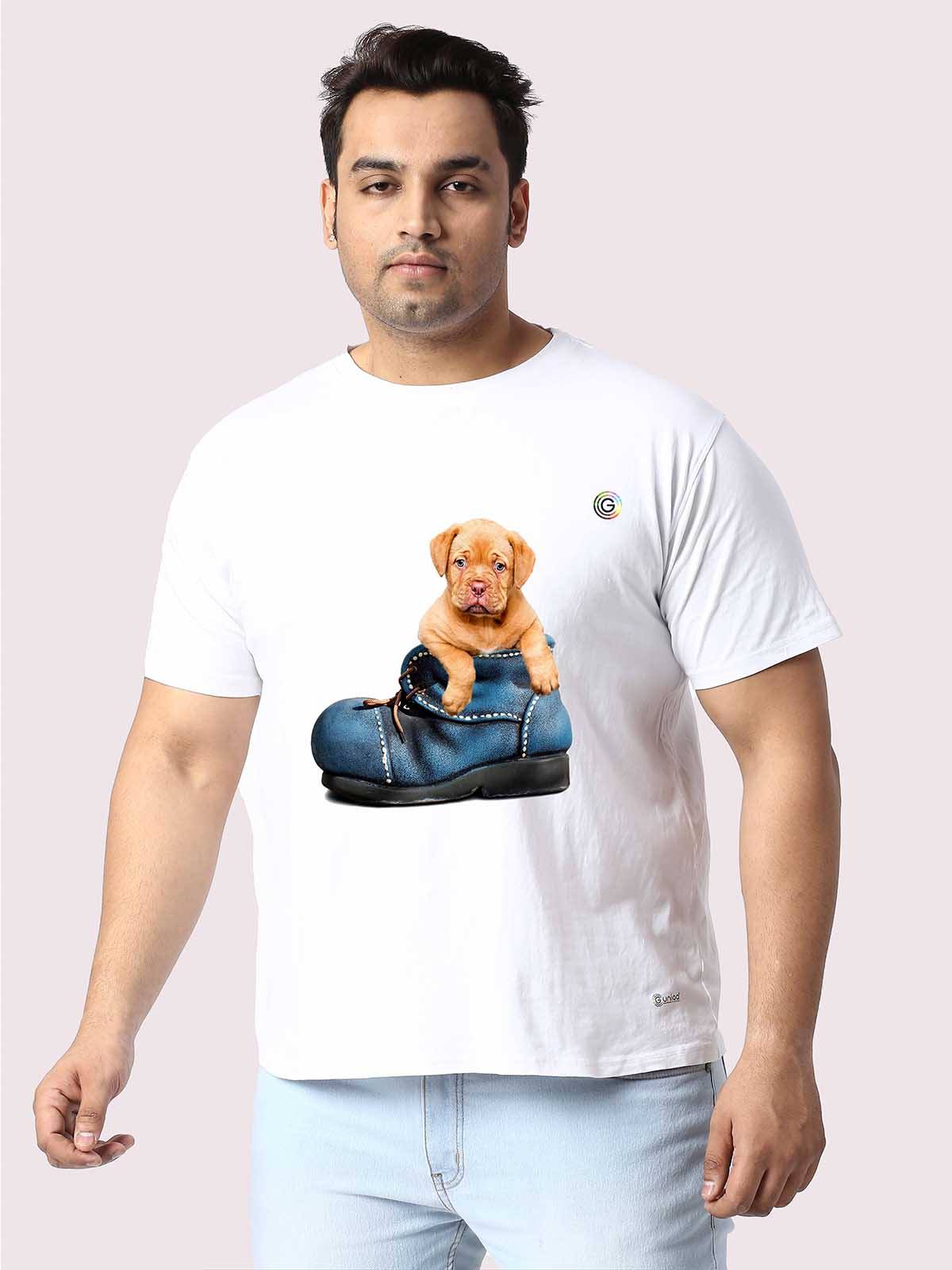 Men Plus Size White Puppy in a Shoe Printed Round Neck T-Shirt - Guniaa Fashions