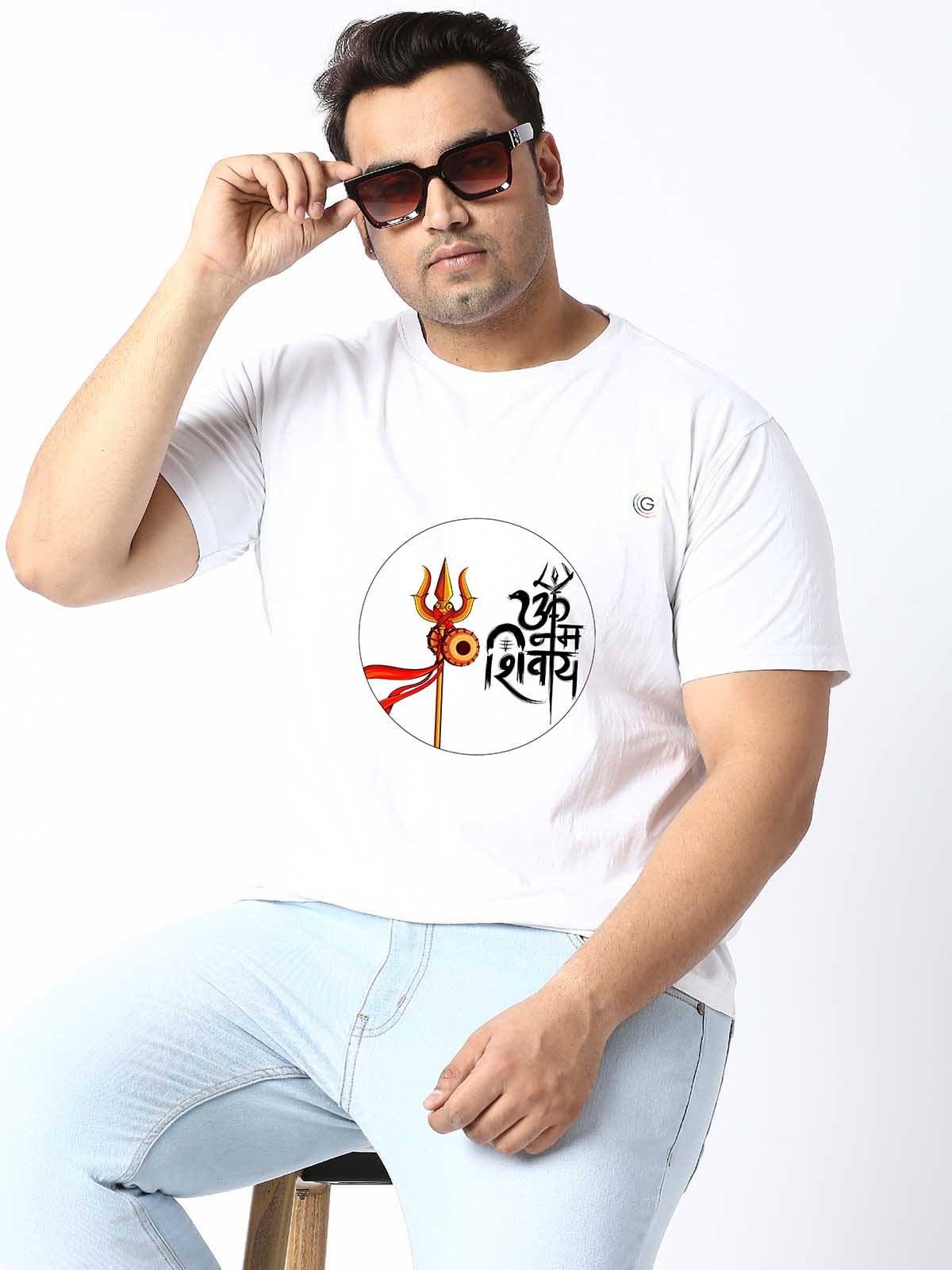 Men Plus Size White Shiva Trishul Printed Round Neck T-Shirt - Guniaa Fashions