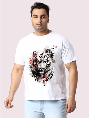 Men Plus Size WhIte Tiger Head Printed Round Neck T-Shirt - Guniaa Fashions