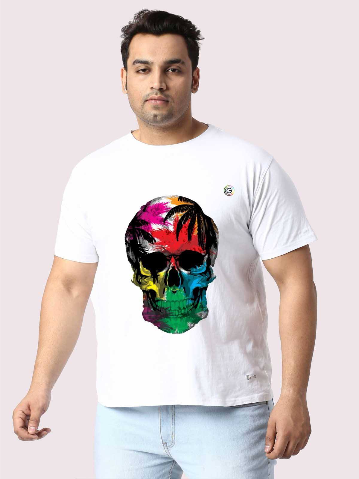 Men Plus Size White Tropical Skull Printed Round Neck T-Shirt - Guniaa Fashions