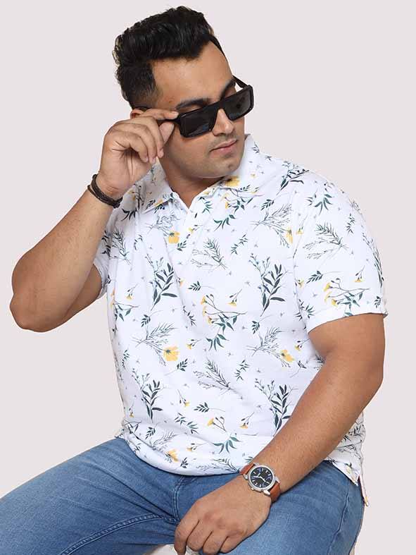 Men Plus Size Yellow Flower Digital Printed Polo Collar T-shirt - Guniaa Fashions