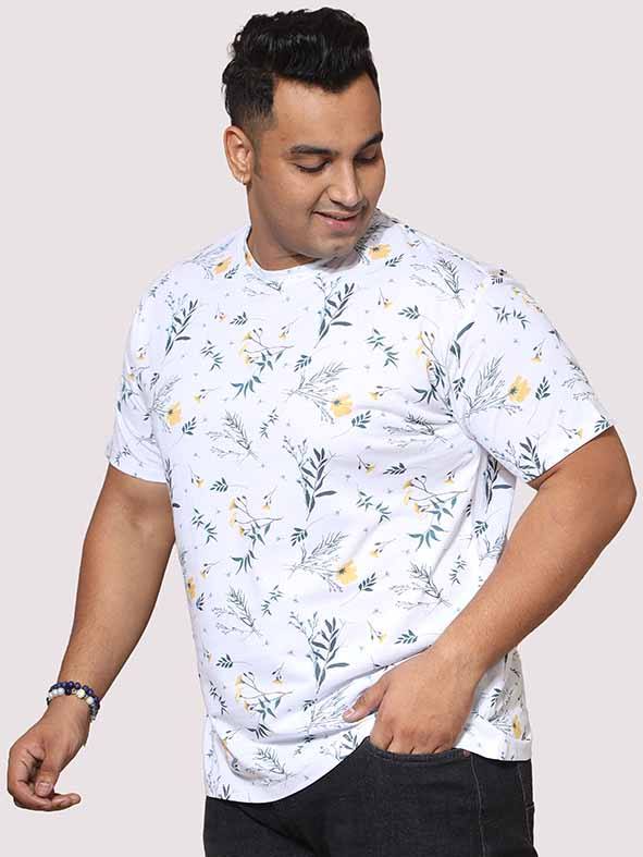 Men Plus Size Yellow Flower Digital Printed Round Neck T-Shirt - Guniaa Fashions