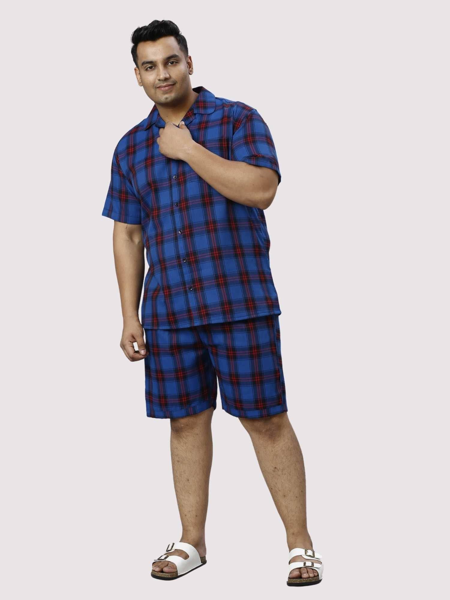 Midnight Blue Checks Printed Half Co-ords Set Men's Plus Size - Guniaa Fashions