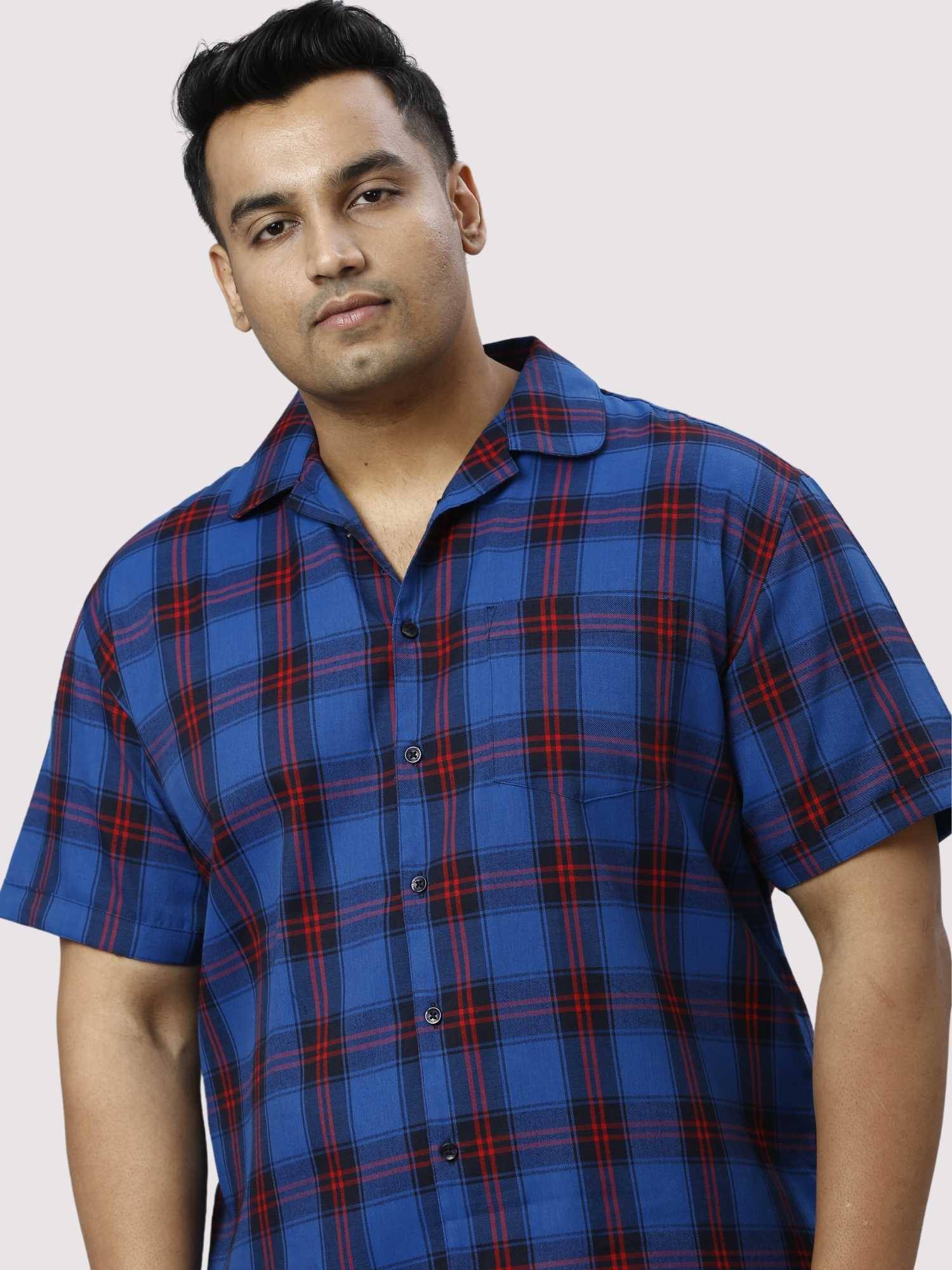 Midnight Blue Checks Printed Half Co-ords Set Men's Plus Size - Guniaa Fashions