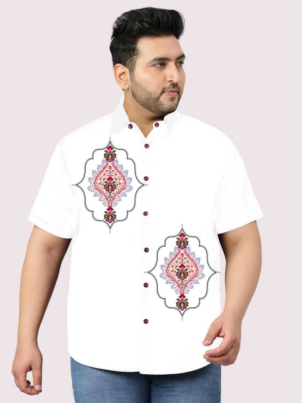 Motif Design Printed White Half Shirt Men's Plus Size - Guniaa Fashions