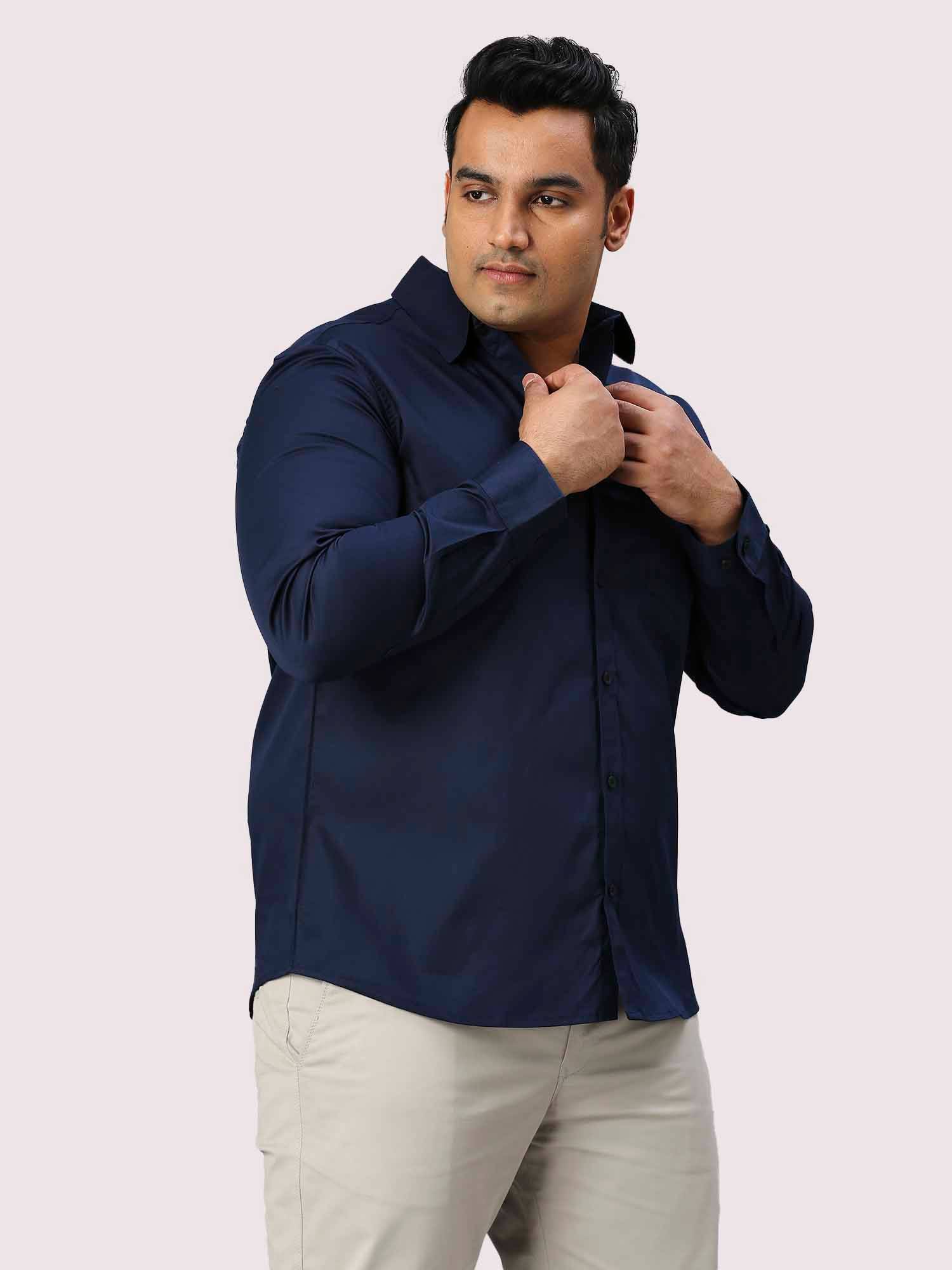 Navy Blue Pure Cotton Full Sleeve Shirt Men's Plus Size - Guniaa Fashions