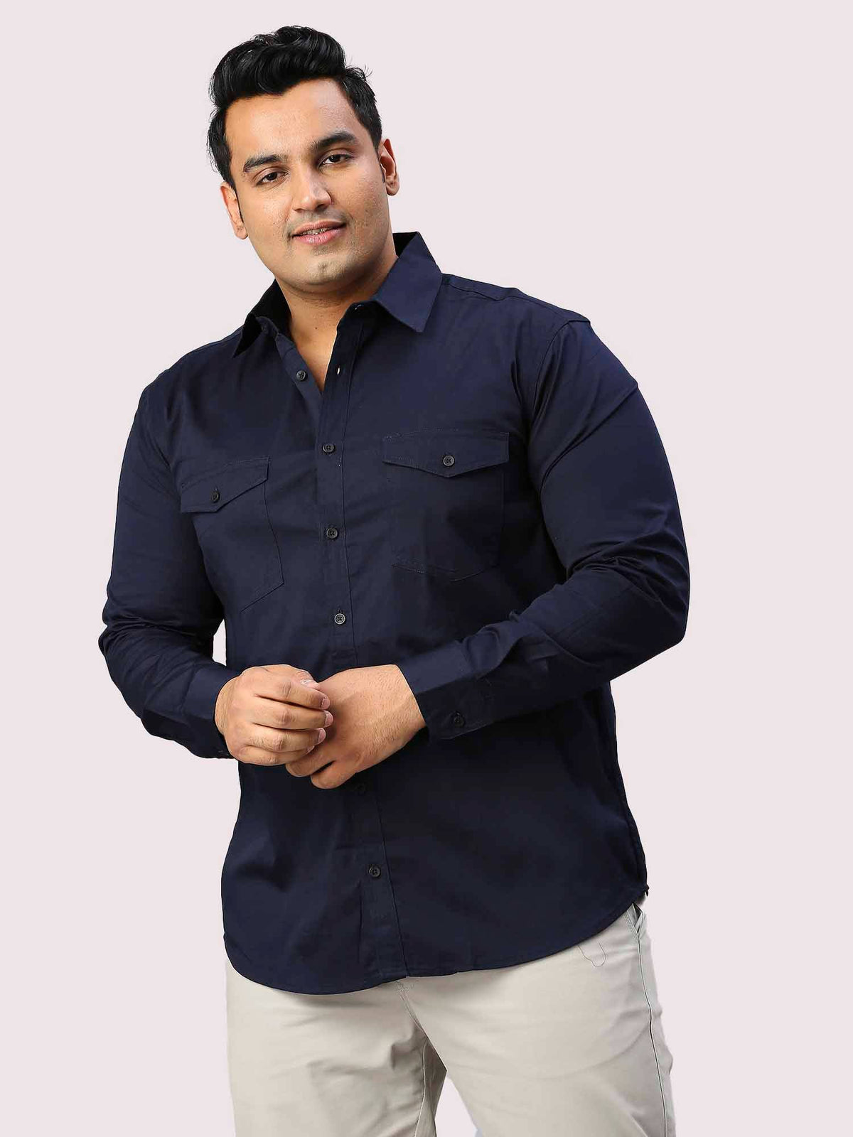 Navy and Red Check Short Sleeve Double Pocket Shirt