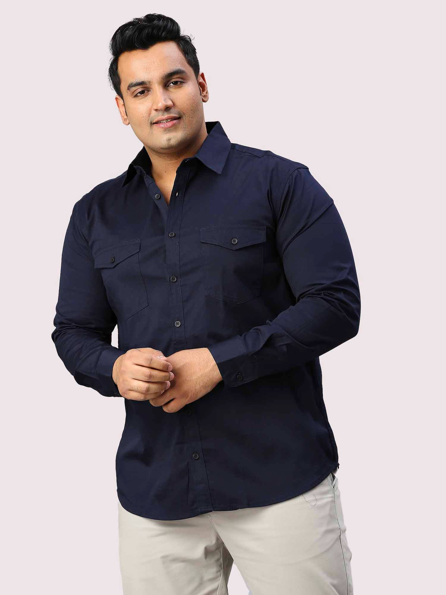 Navy Blue Solid Pure Cotton Double Pocket Full Sleeve Shirt Men's Plus Size - Guniaa Fashions