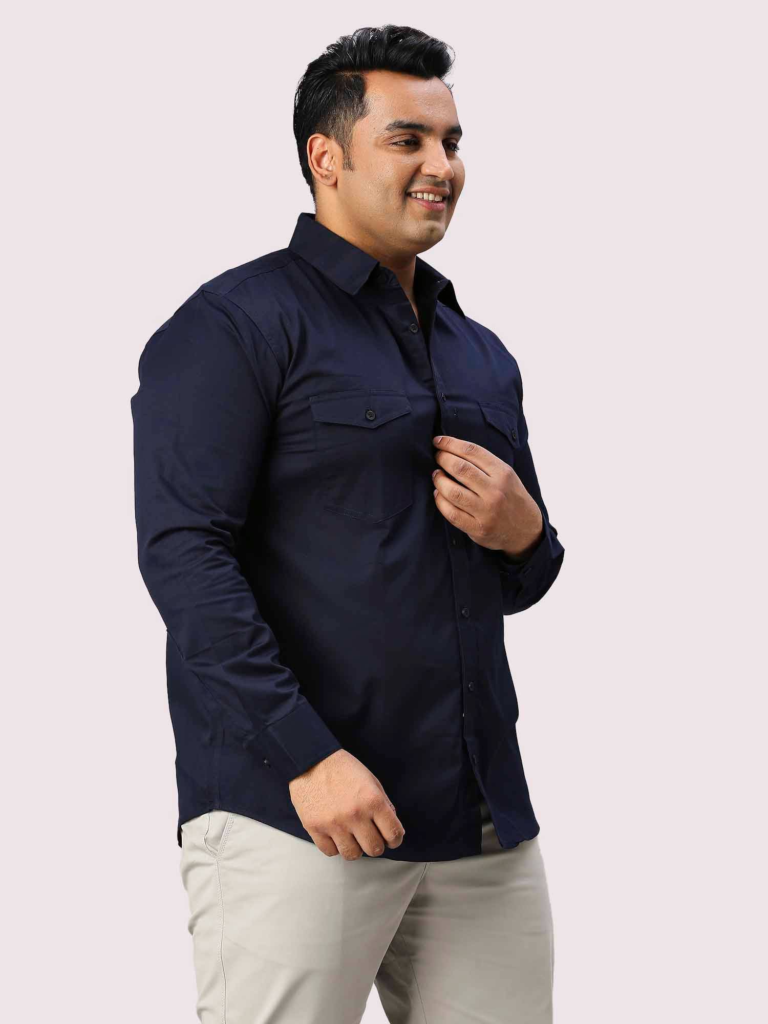 Navy Blue Solid Pure Cotton Double Pocket Full Sleeve Shirt Men's Plus Size - Guniaa Fashions