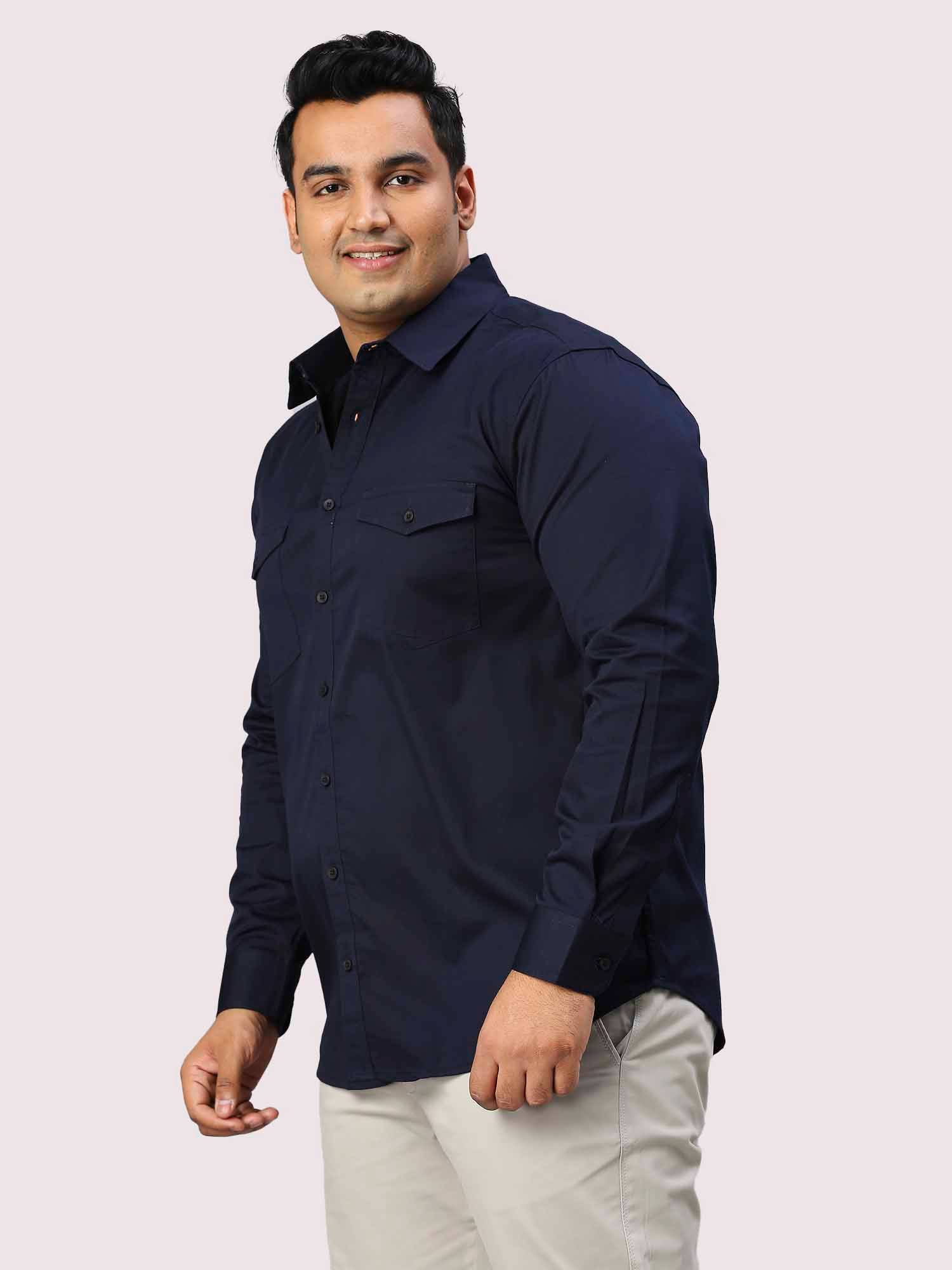 Navy Blue Solid Pure Cotton Double Pocket Full Sleeve Shirt Men's Plus Size - Guniaa Fashions