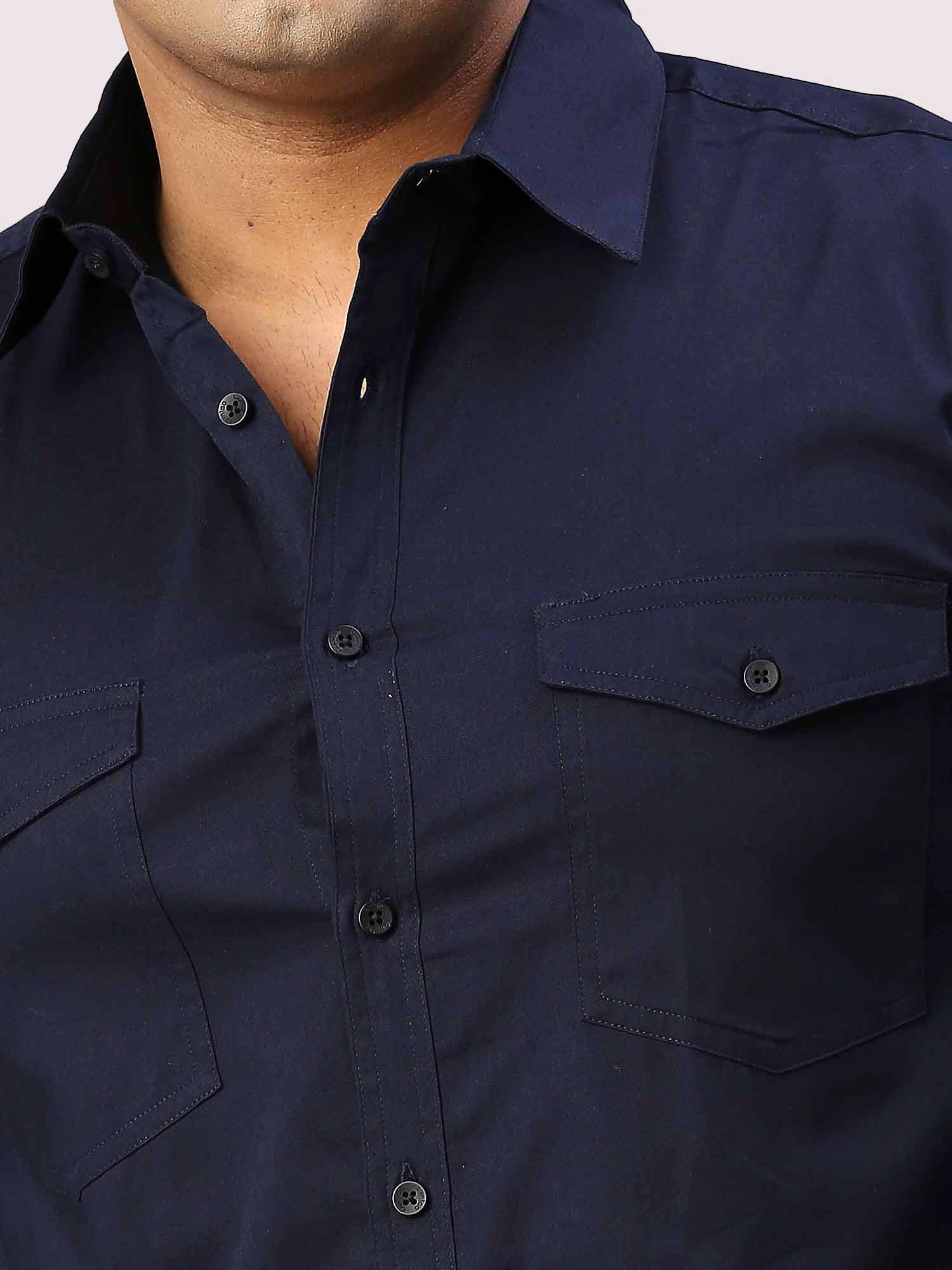 Navy Blue Solid Pure Cotton Double Pocket Full Sleeve Shirt Men's Plus Size - Guniaa Fashions