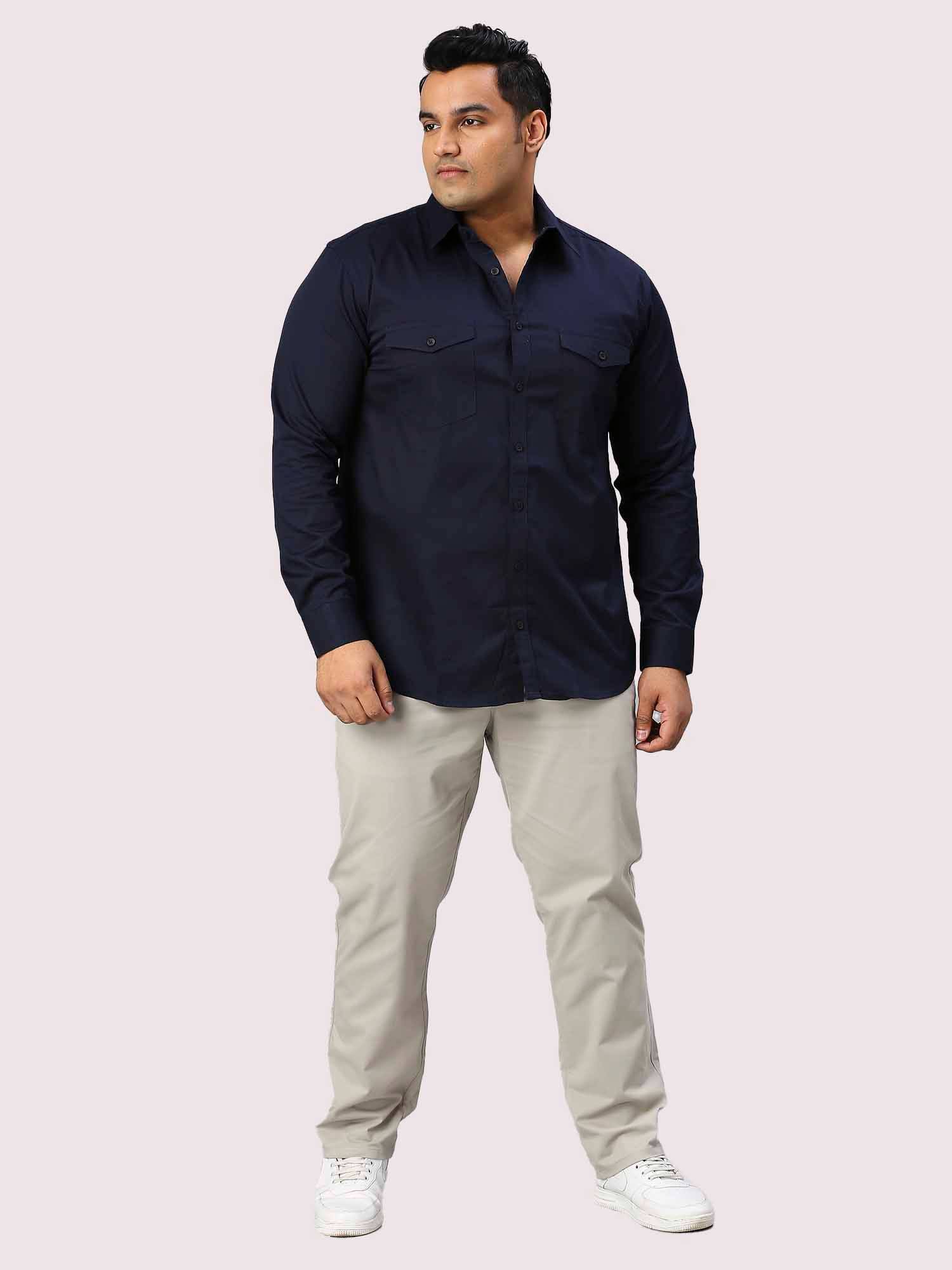 Navy Blue Solid Pure Cotton Double Pocket Full Sleeve Shirt Men's Plus Size - Guniaa Fashions