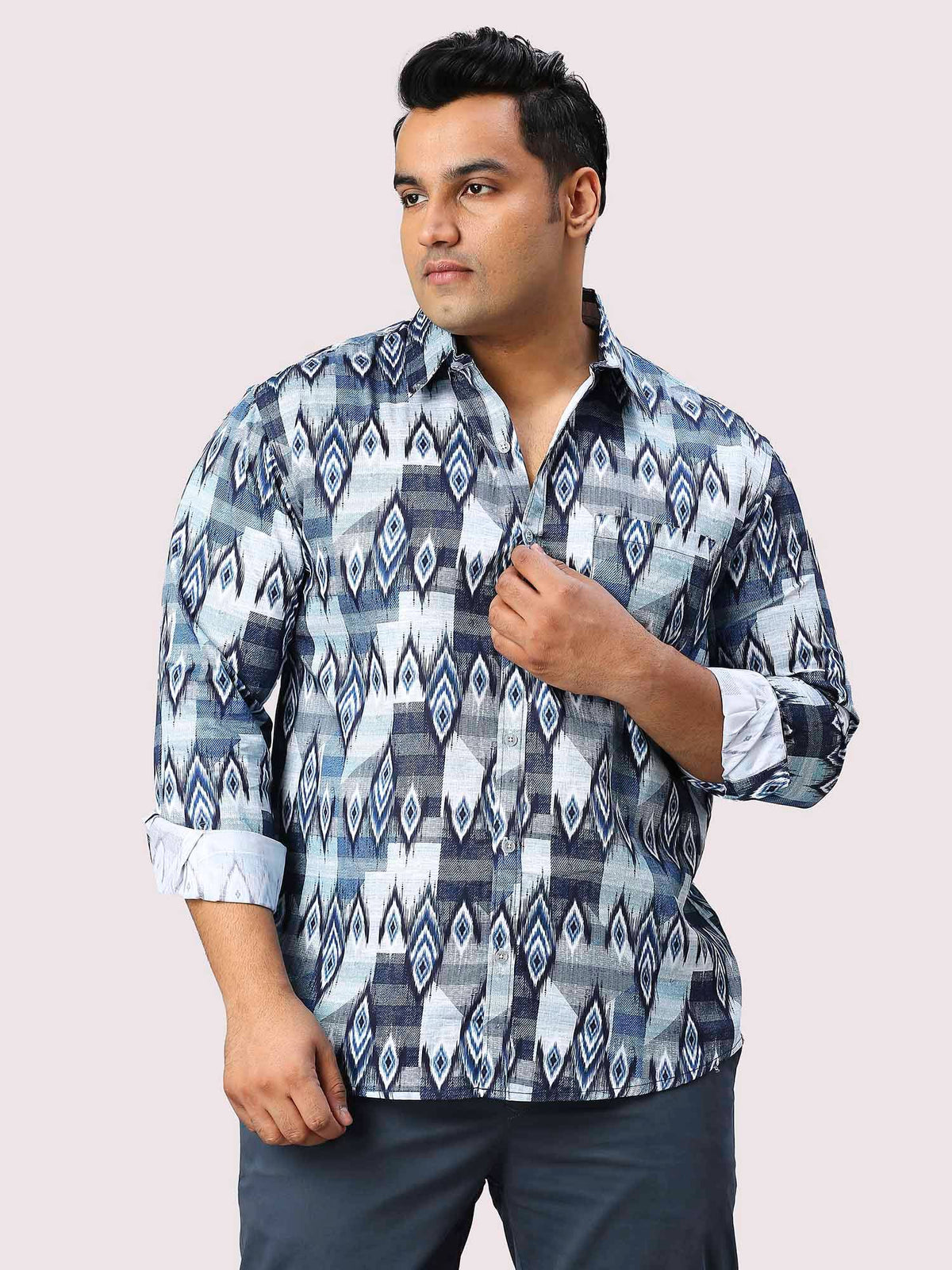 Nile Blue Digital Printed Full Sleeve Shirt Men's Plus Size - Guniaa Fashions