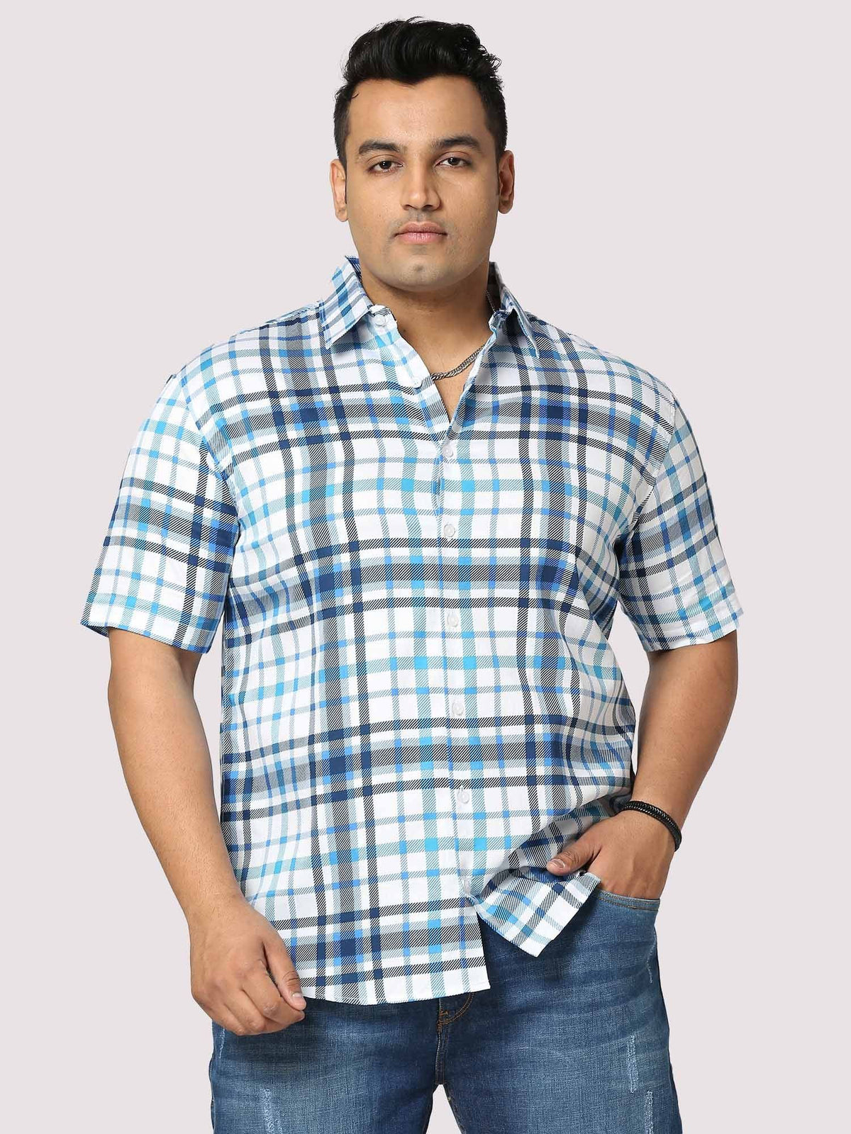 Oceanic Checks Digital Printed Half Shirt Men's Plus Size - Guniaa Fashions