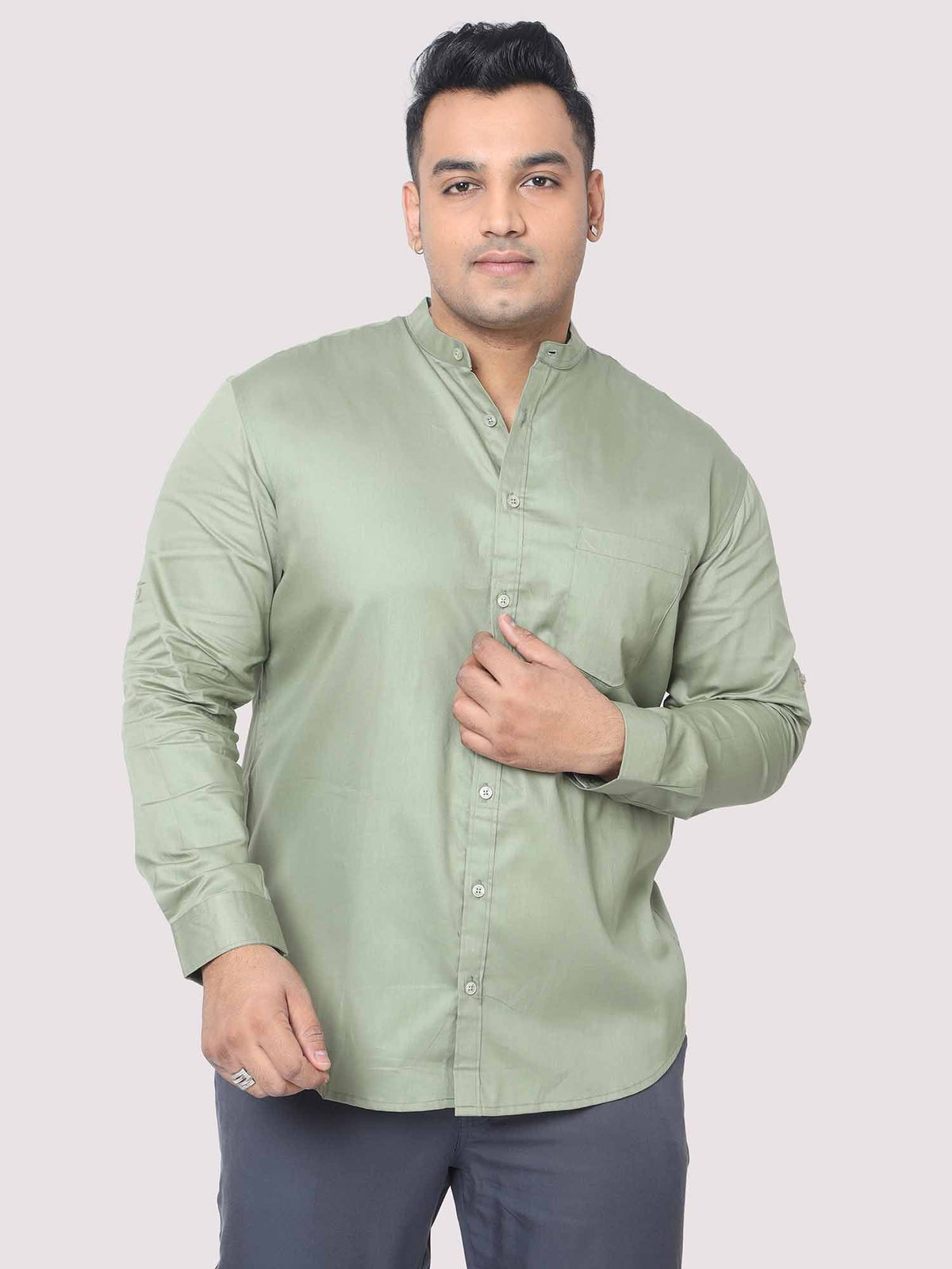 Olive Green Mandarin Collar Men's Plus Size Cotton Full Shirt - Guniaa Fashions