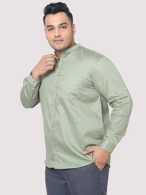 Olive Green Mandarin Collar Men's Plus Size Cotton Full Shirt - Guniaa Fashions
