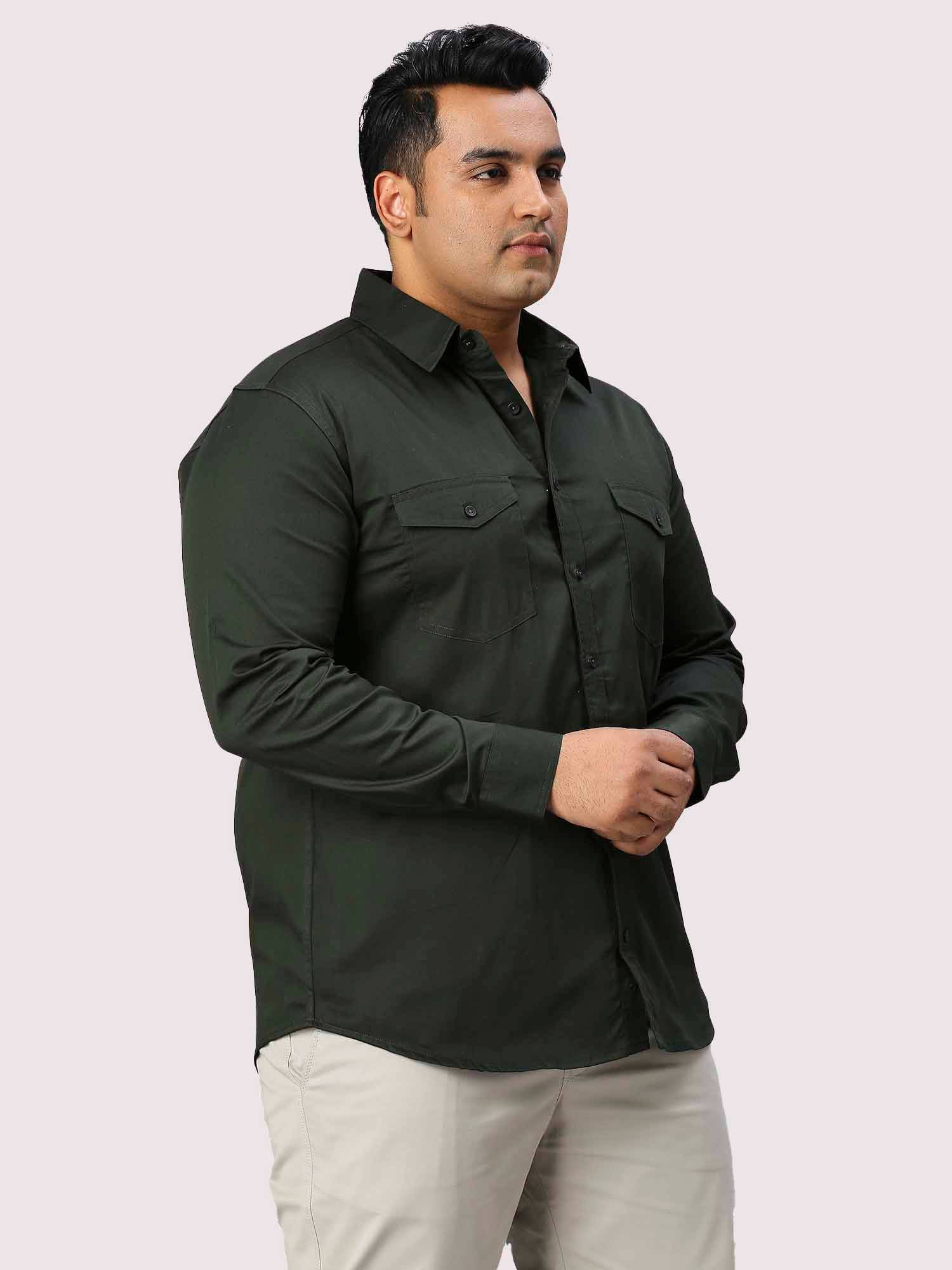 Olive Green Solid Pure Cotton Double Pocket Full Sleeve Shirt Men's Plus Size - Guniaa Fashions