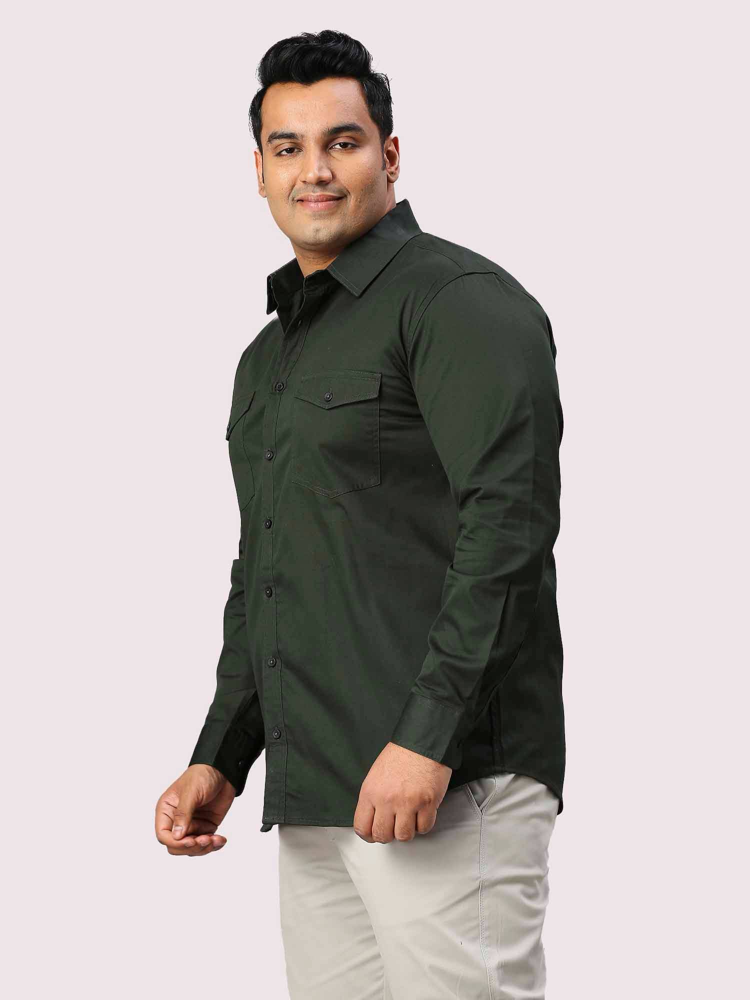 Olive Green Solid Pure Cotton Double Pocket Full Sleeve Shirt Men's Plus Size - Guniaa Fashions