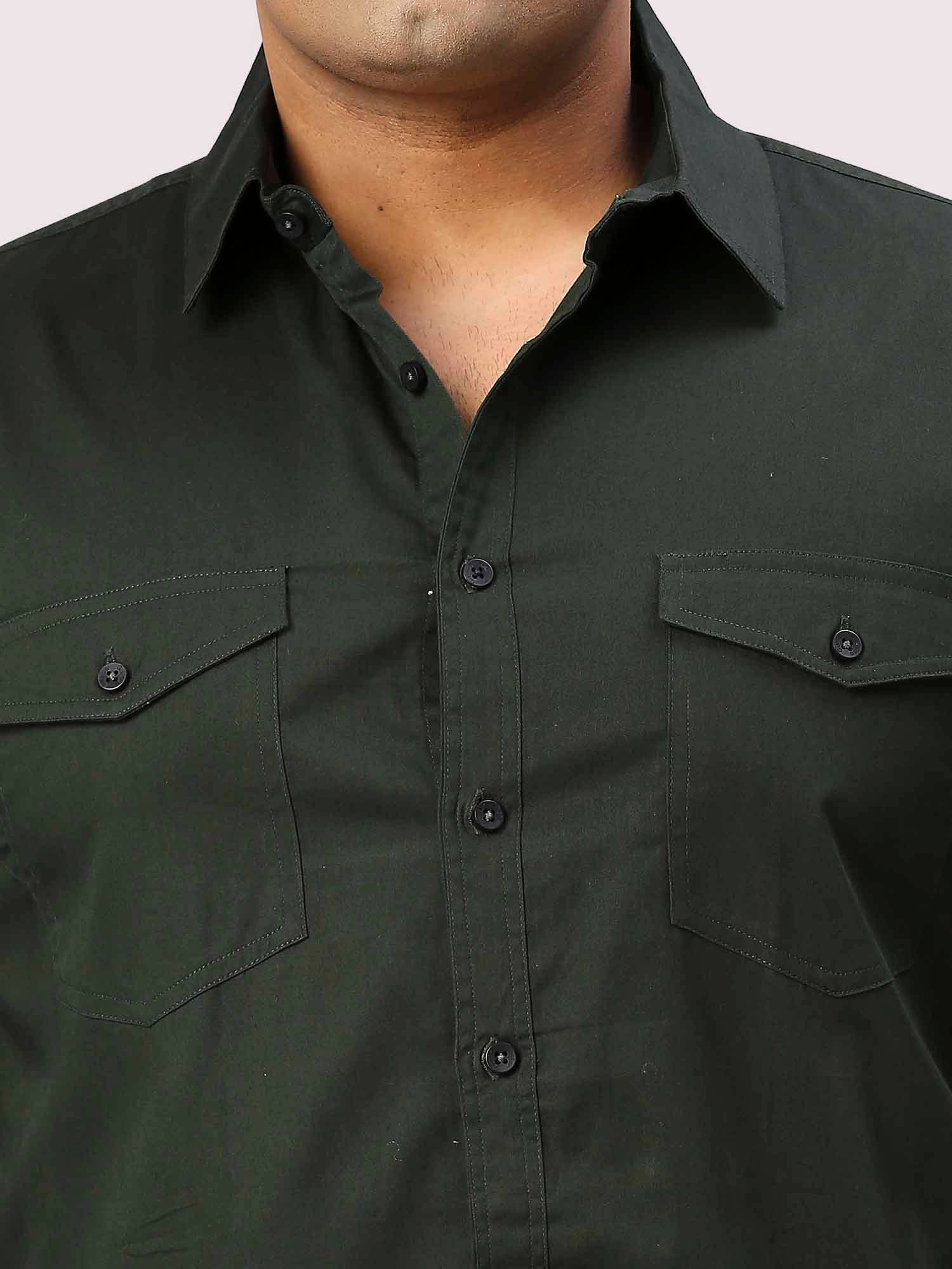 Olive Green Solid Pure Cotton Double Pocket Full Sleeve Shirt Men's Plus Size - Guniaa Fashions