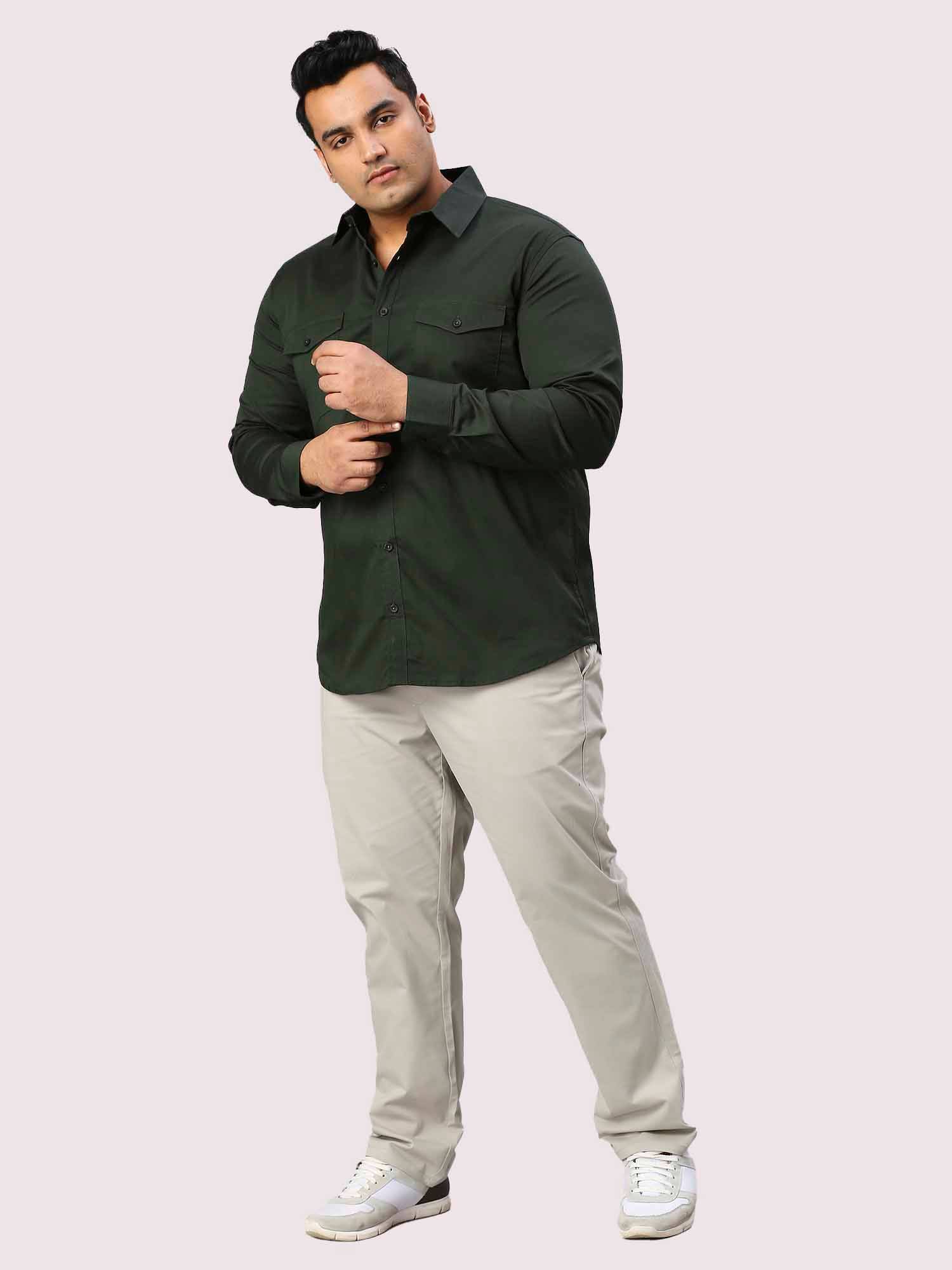 Olive Green Solid Pure Cotton Double Pocket Full Sleeve Shirt Men's Plus Size - Guniaa Fashions