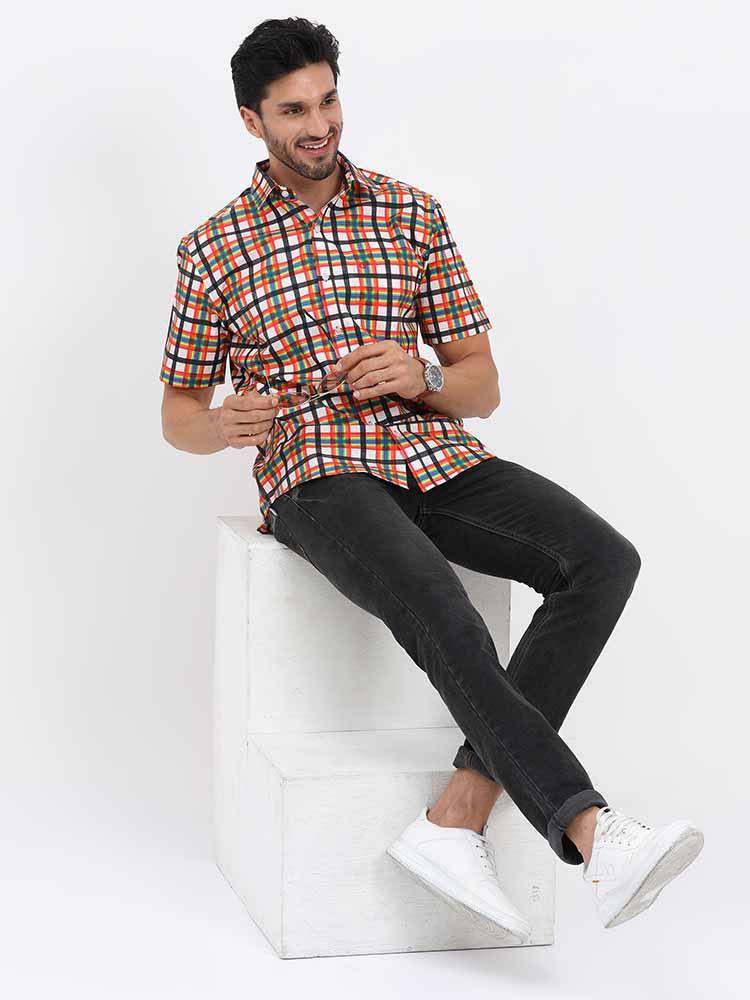 Orange Grey Printed Checks Half Sleeve Shirt - Guniaa Fashions