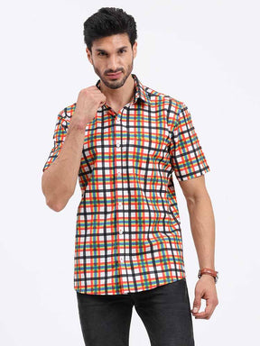 Orange Grey Printed Checks Half Sleeve Shirt - Guniaa Fashions