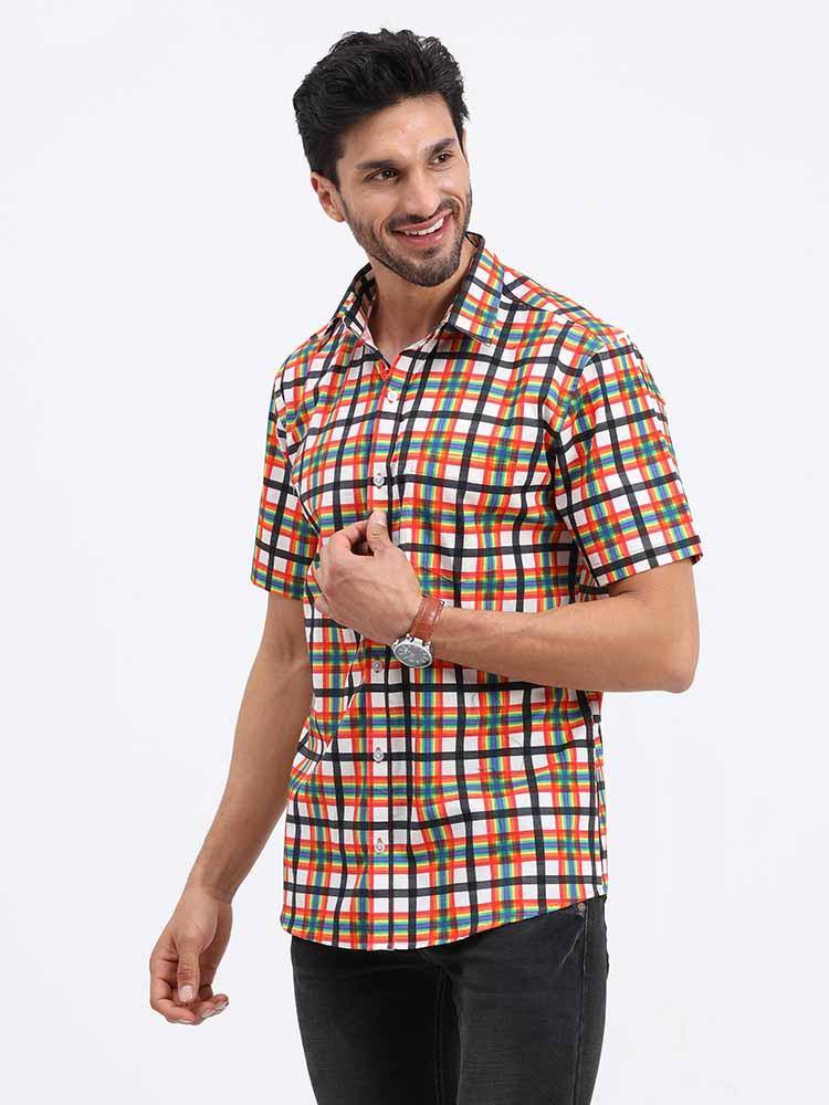 Orange Grey Printed Checks Half Sleeve Shirt - Guniaa Fashions