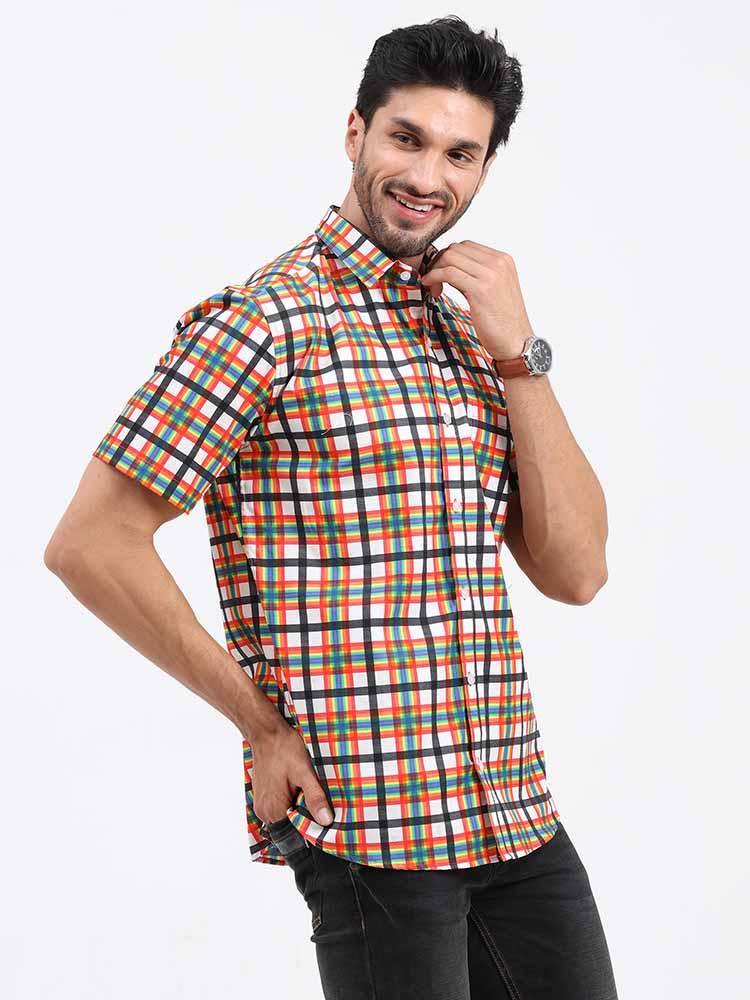 Orange Grey Printed Checks Half Sleeve Shirt - Guniaa Fashions