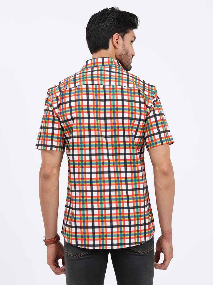 Orange Grey Printed Checks Half Sleeve Shirt - Guniaa Fashions