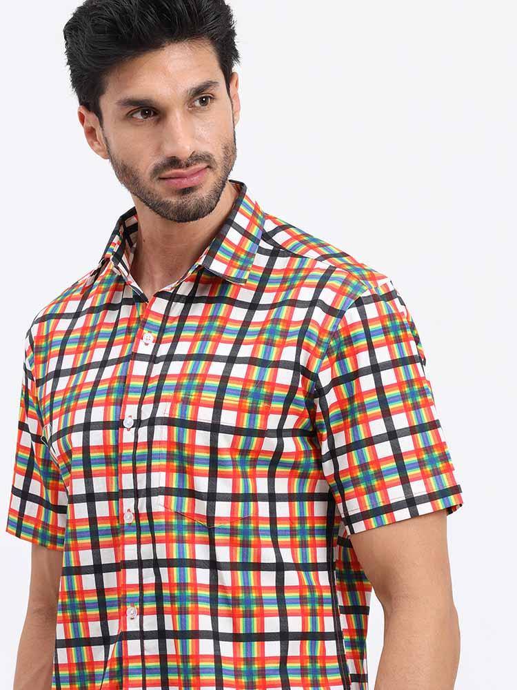 Orange Grey Printed Checks Half Sleeve Shirt - Guniaa Fashions