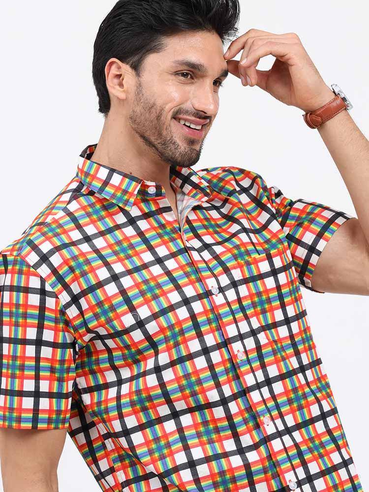 Orange Grey Printed Checks Half Sleeve Shirt - Guniaa Fashions