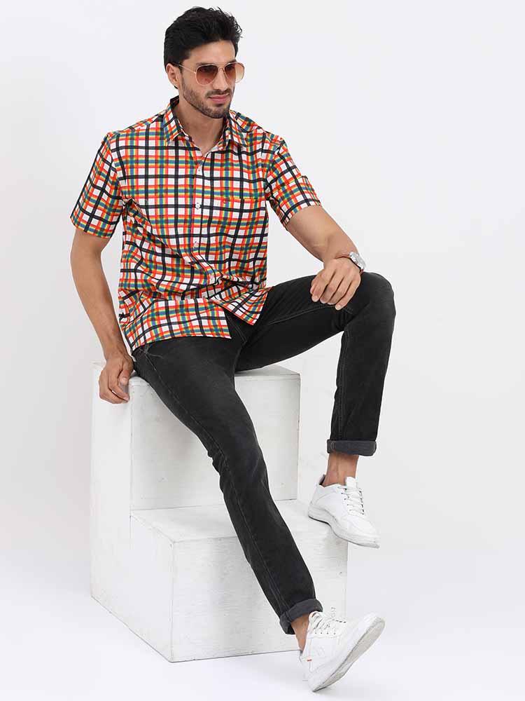 Orange Grey Printed Checks Half Sleeve Shirt - Guniaa Fashions